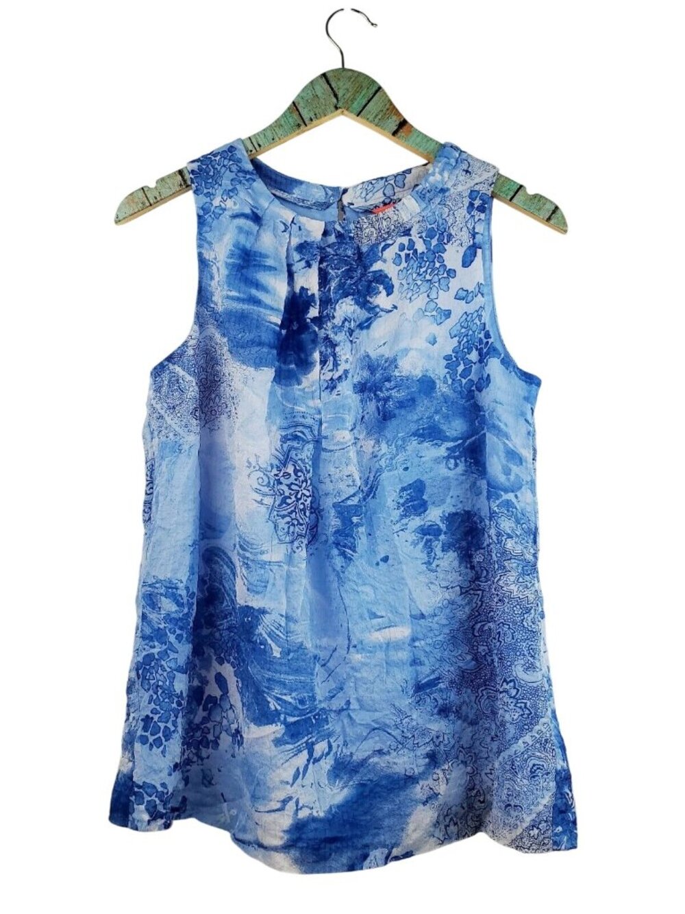 Ivanka Trump Women's Blue Floral Sleeveless Top Pleated Keyhole Sz Medium NWT
